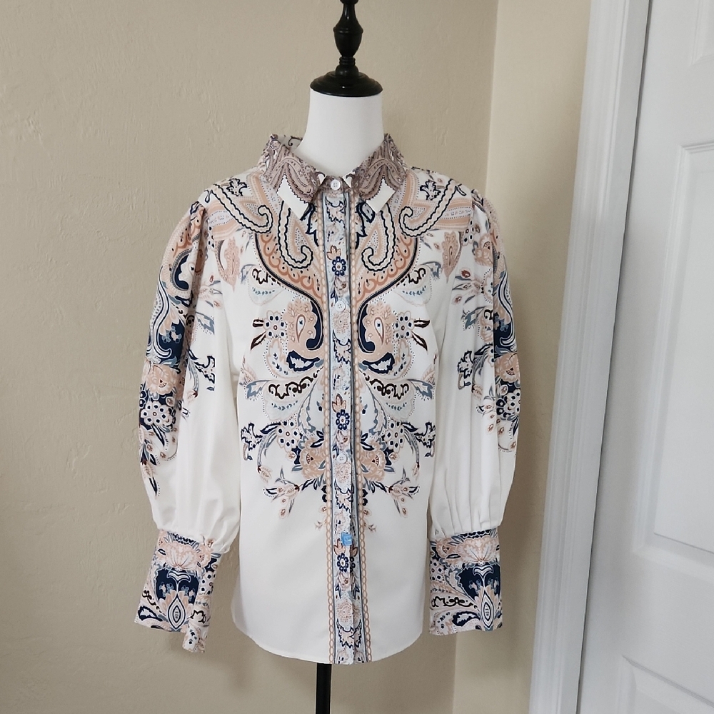 STYLEWE Cream and Navy Paisley Blouse